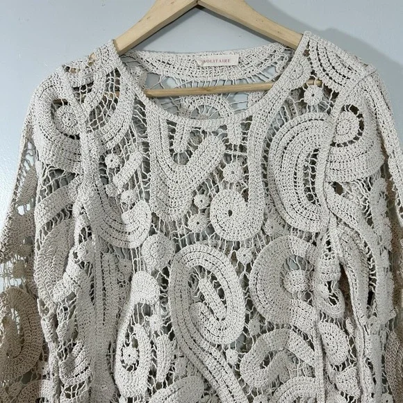 SOLITAIRE Crochet Lace Bell Sleeve Top Cream Knit Festival Boho Beach Hippie L - Picture 2 of 10